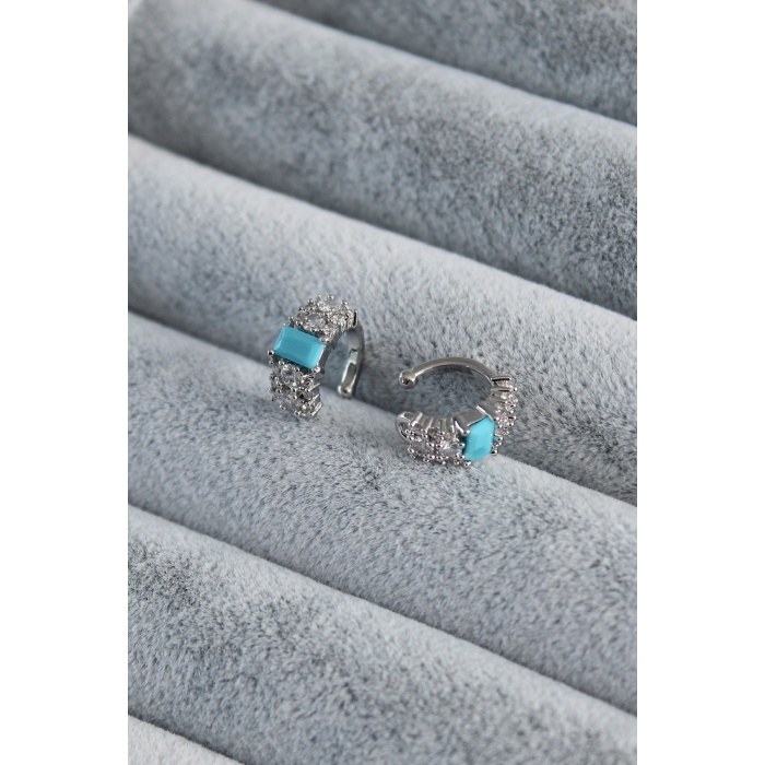Gümüş Renk Zirkon Taş Detay Mavi Taşlı Earcuff Pirinç Kadın Kıkırdak Küpe - BJ-BKP7790