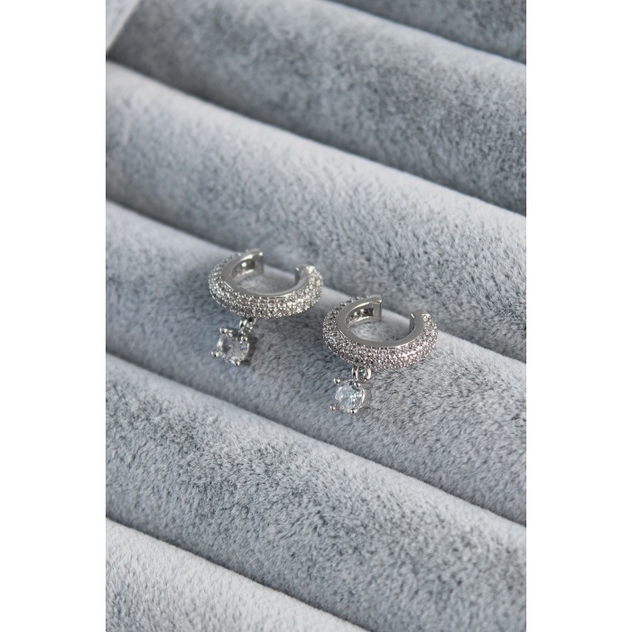 Gümüş Renk Sallantı Zirkon Taşlı Earcuff Pirinç Kadın Kıkırdak Kadın Küpe - BJ-BKP7792