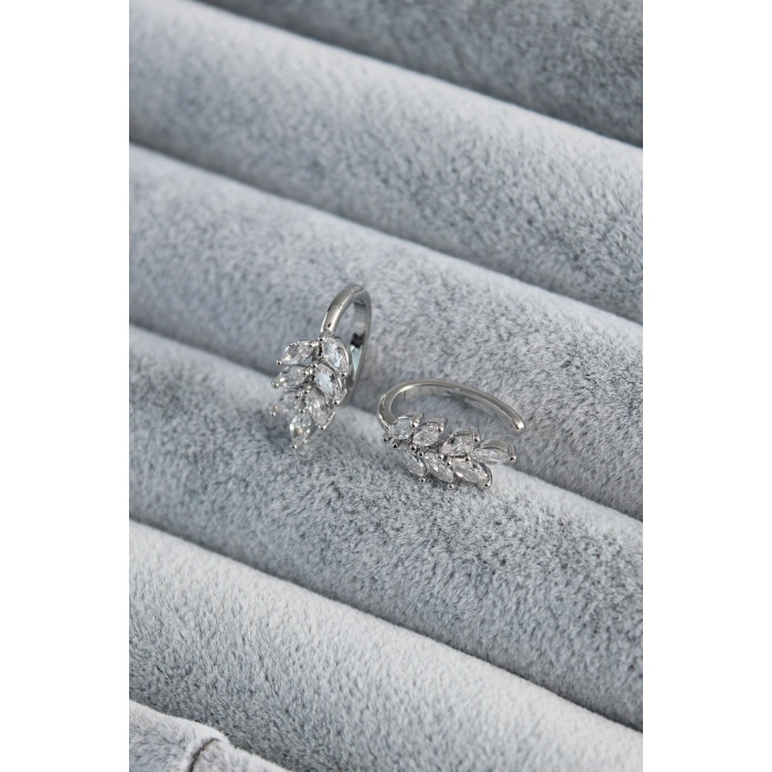 Gümüş Renk Zirkon Taşlı Başak Model Earcuff Pirinç Kadın Kıkırdak Kadın Küpe - BJ-BKP7798