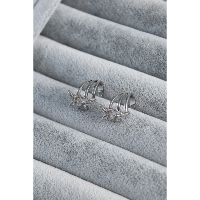 Gümüş Renk Zirkon Taşlı Kelebek Model Earcuff Pirinç Kadın Kıkırdak Küpe - BJ-BKP7800