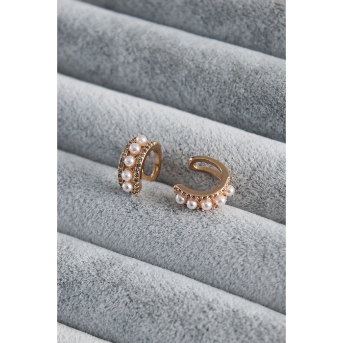 Gold Renk Zirkon Taş Detay İncili Earcuff Pirinç Kadın Kıkırdak Küpe - BJ-BKP7803