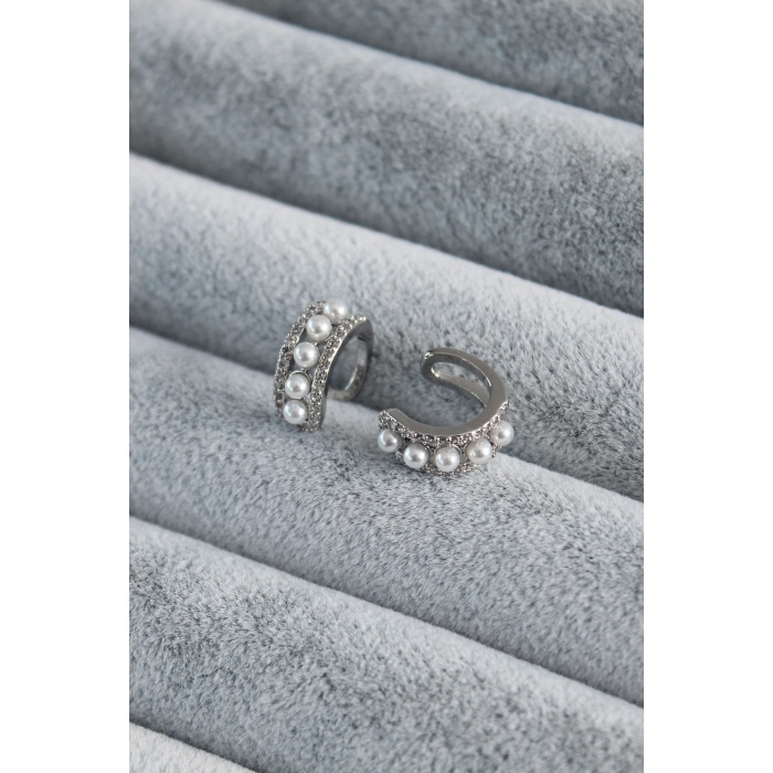 Gümüş Renk Zirkon Taş Detay İncili Earcuff Pirinç Kadın Kıkırdak Küpe - BJ-BKP7804