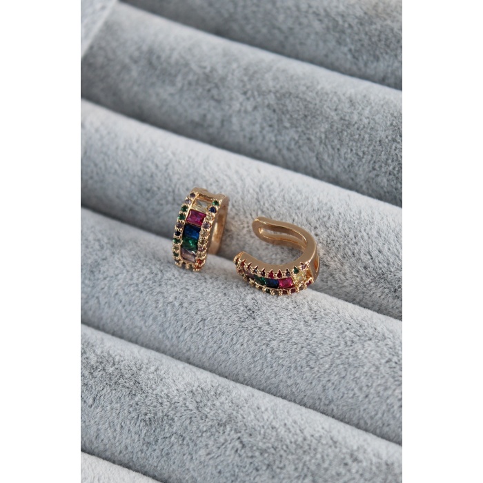 Gold Renk Renkli Kristal Taşlı Earcuff Pirinç Kadın Kıkırdak Küpe - BJ-BKP7805