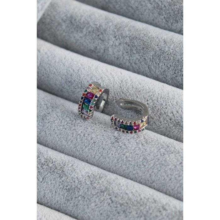 Gümüş Renk Renkli Kristal Taşlı Earcuff Pirinç Kadın Kıkırdak Küpe - BJ-BKP7806