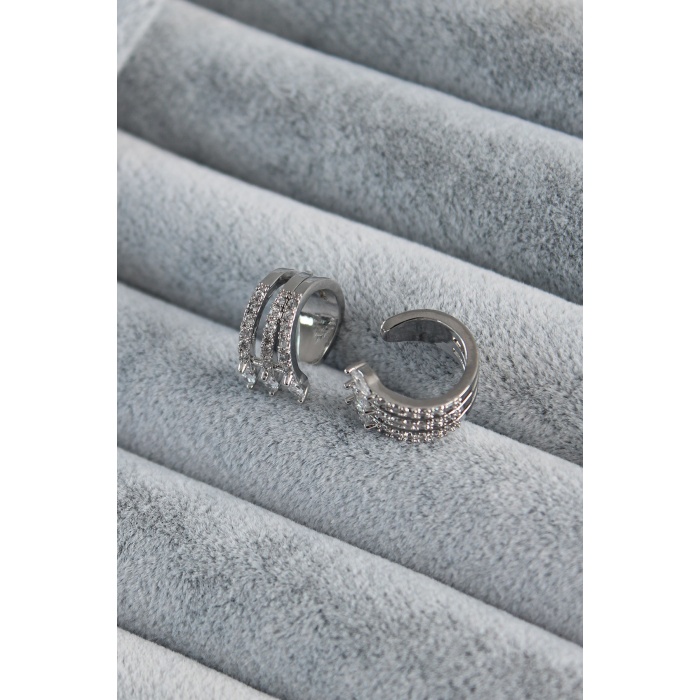 Gümüş Renk Zirkon Taşlı Earcuff Pirinç Kadın Kıkırdak Küpe - BJ-BKP7810