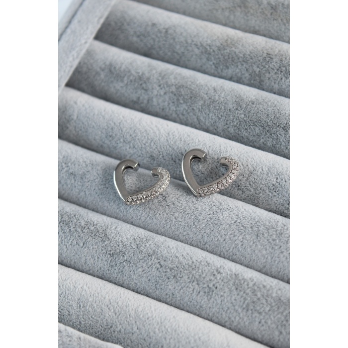 Gümüş Renk Kalp Model Zirkon Taş Detay Earcuff Kadın Kıkırdak Küpe - BJ-BKP7812