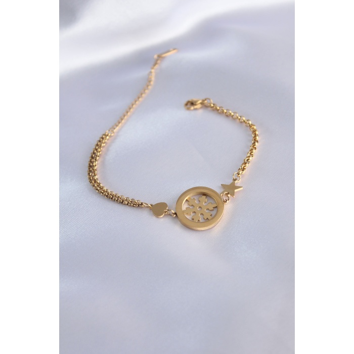 316L Çelik Gold Renk Kutup Yıldızı Model Kalp Detay Kadın Bileklik - BJ-BB5497