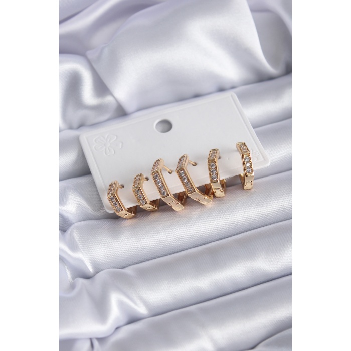 Gold Renk Zirkon Taşlı 5 Gen Model Pirinç Kadın Küpe Seti - BJ-BKP7815