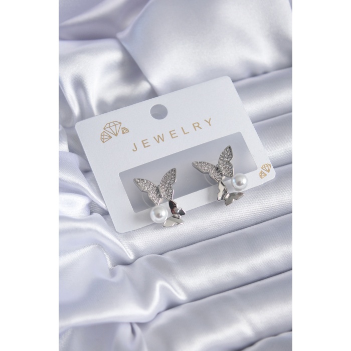 Gümüş Renk Zirkon Taşlı Kelebek Model İncili Pirinç Kadın Küpe - BJ-BKP7825