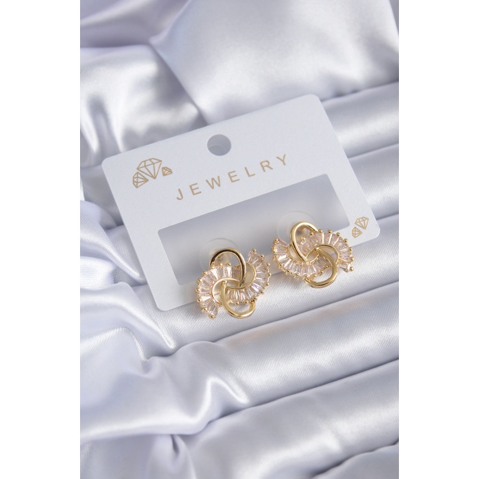 Gold Renk Zirkon Taşlı Sarmal Model Pirinç Kadın Küpe - BJ-BKP7826
