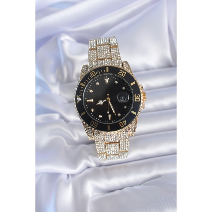 Gold Renk Zirkon Taşlı Metal Kordon Siyah Kadran Takvimli Analog Kadın Saat - BJ-BS3478