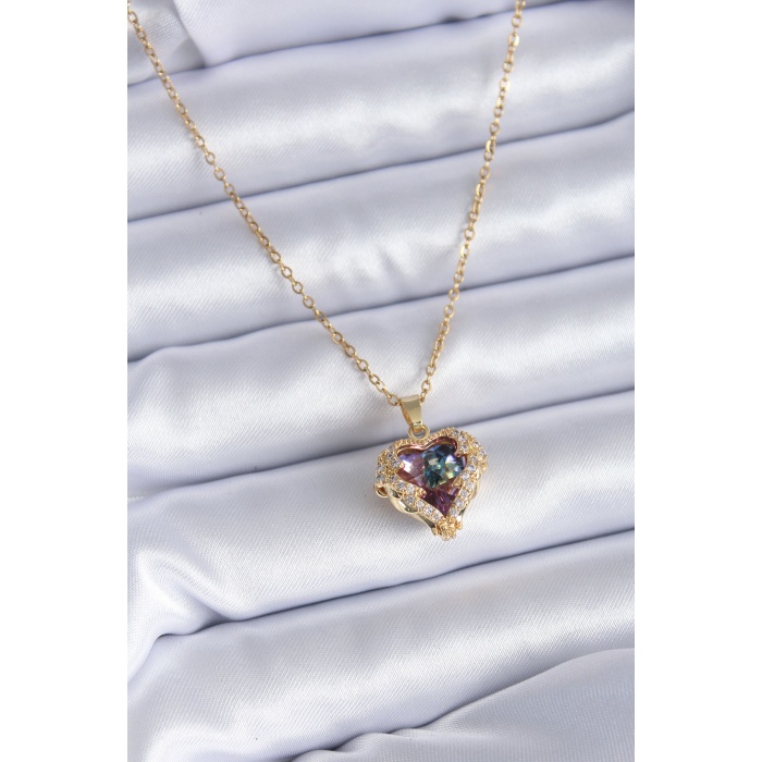 316L Çelik Gold Renk Zirkon Taşlı Kristal Kalp Model Kadın Kolye - BJ-BKO7680