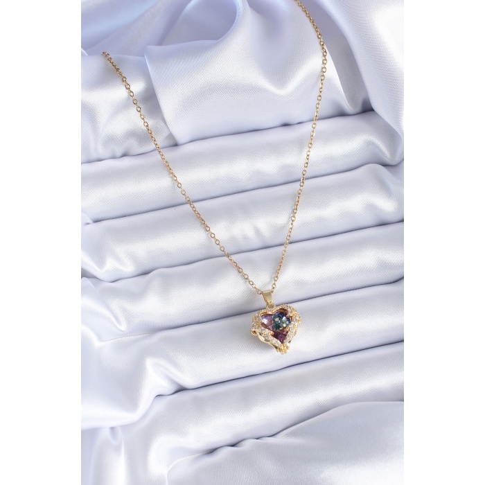 316L Çelik Gold Renk Zirkon Taşlı Kristal Kalp Model Kadın Kolye - BJ-BKO7680