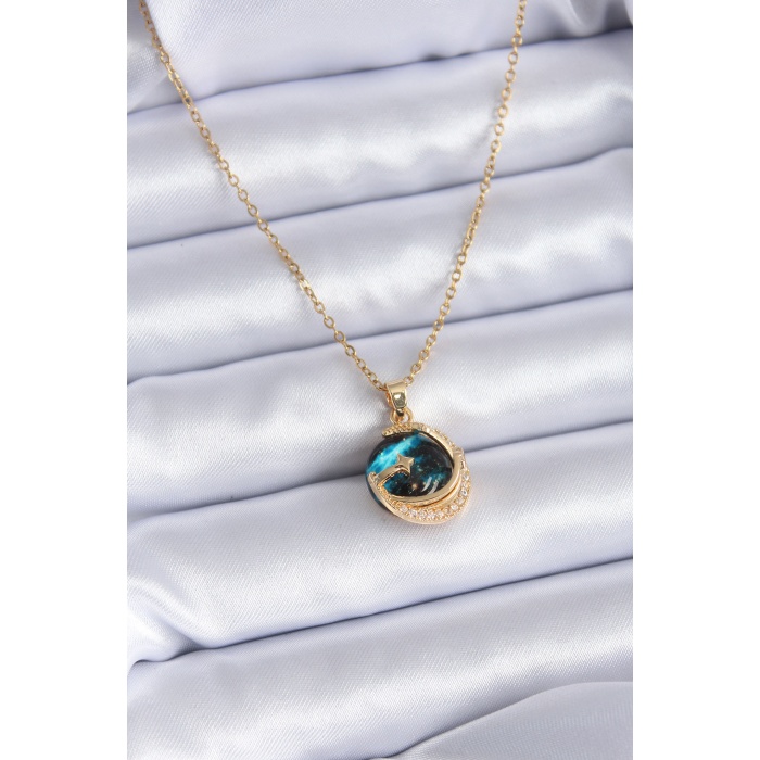 316L Çelik Gold Renk Zirkon Taşlı Gezegen Model Kadın Kolye - BJ-BKO7692