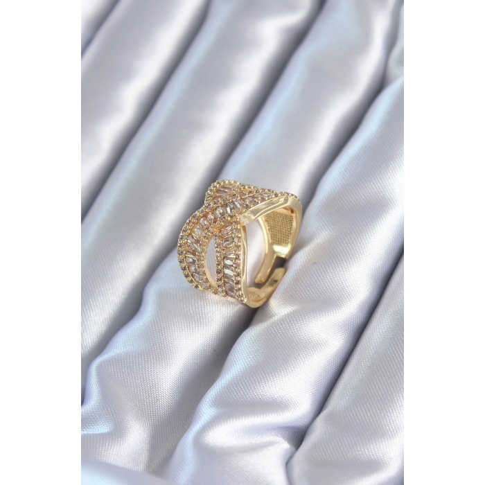Zirkon Baget Sarmal Taşlı Gold Renk Ayarlanabilir Kadın Yüzük - BJ-BYK2795