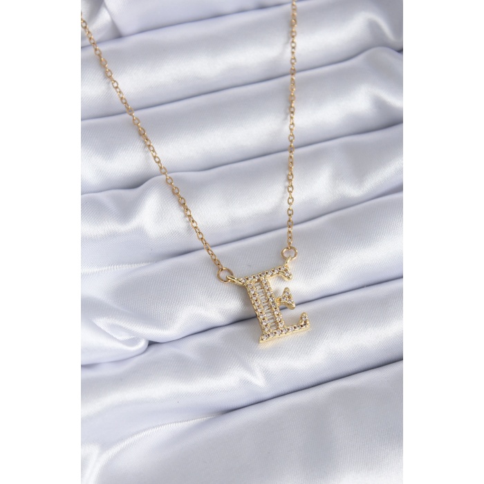 316L Çelik Gold Renk E Harf Model Zirkon Taşlı Kadın Kolye - BJ-BKO7704