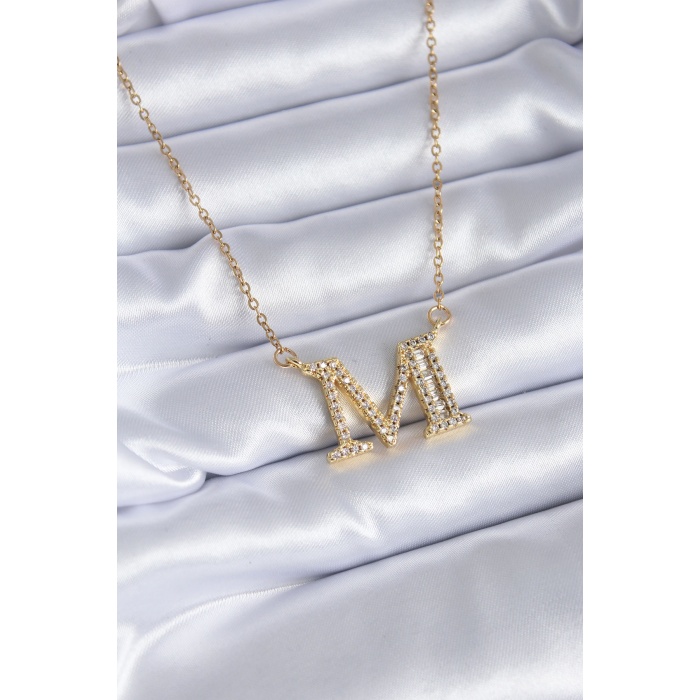 316L Çelik Gold Renk M Harf Model Zirkon Taşlı Kadın Kolye - BJ-BKO7705
