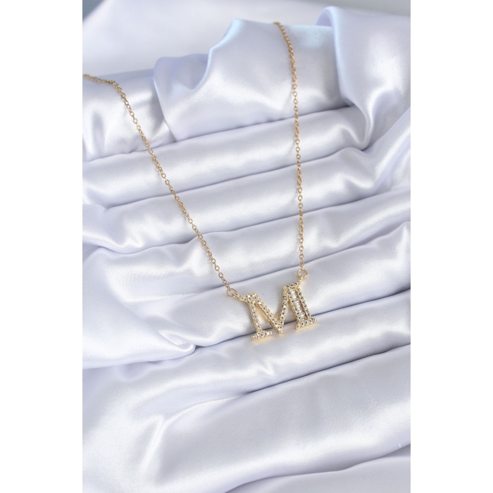 316L Çelik Gold Renk M Harf Model Zirkon Taşlı Kadın Kolye - BJ-BKO7705