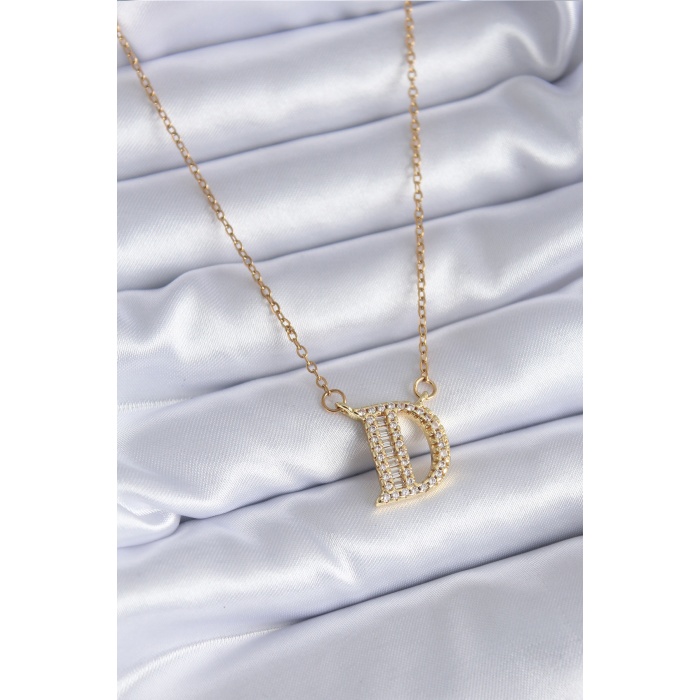 316L Çelik Gold Renk D Harf Model Zirkon Taşlı Kadın Kolye - BJ-BKO7708