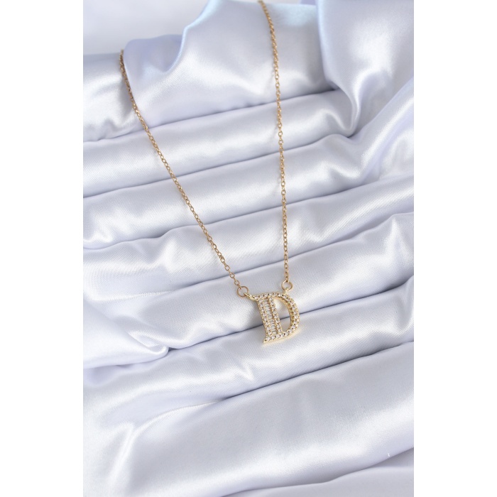316L Çelik Gold Renk D Harf Model Zirkon Taşlı Kadın Kolye - BJ-BKO7708