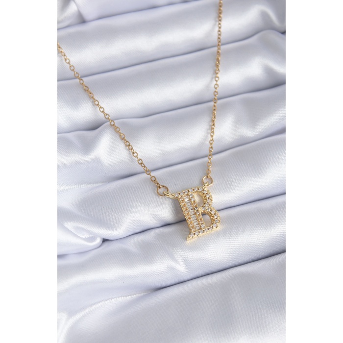 316L Çelik Gold Renk B Harf Model Zirkon Taşlı Kadın Kolye - BJ-BKO7709