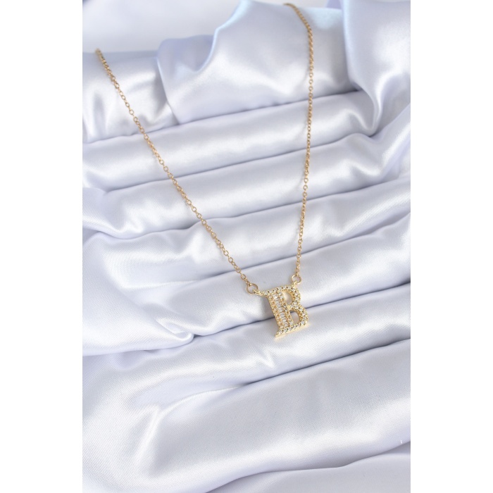 316L Çelik Gold Renk B Harf Model Zirkon Taşlı Kadın Kolye - BJ-BKO7709