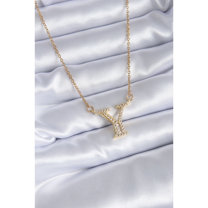 316L Çelik Gold Renk Y Harf Model Zirkon Taşlı Kadın Kolye - BJ-BKO7710