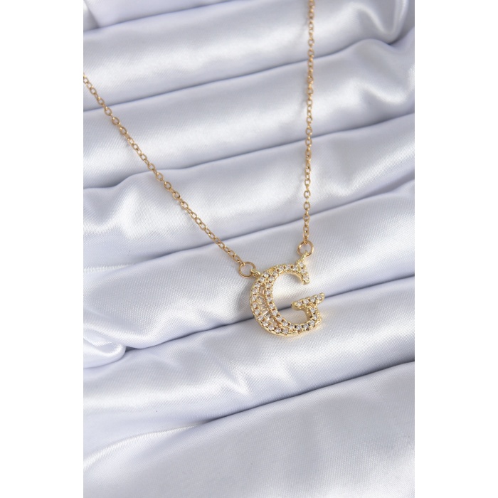 316L Çelik Gold Renk G Harf Model Zirkon Taşlı Kadın Kolye - BJ-BKO7711