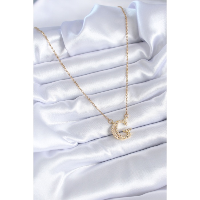 316L Çelik Gold Renk G Harf Model Zirkon Taşlı Kadın Kolye - BJ-BKO7711