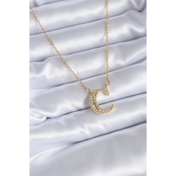 316L Çelik Gold Renk C Harf Model Zirkon Taşlı Kadın Kolye - BJ-BKO7713