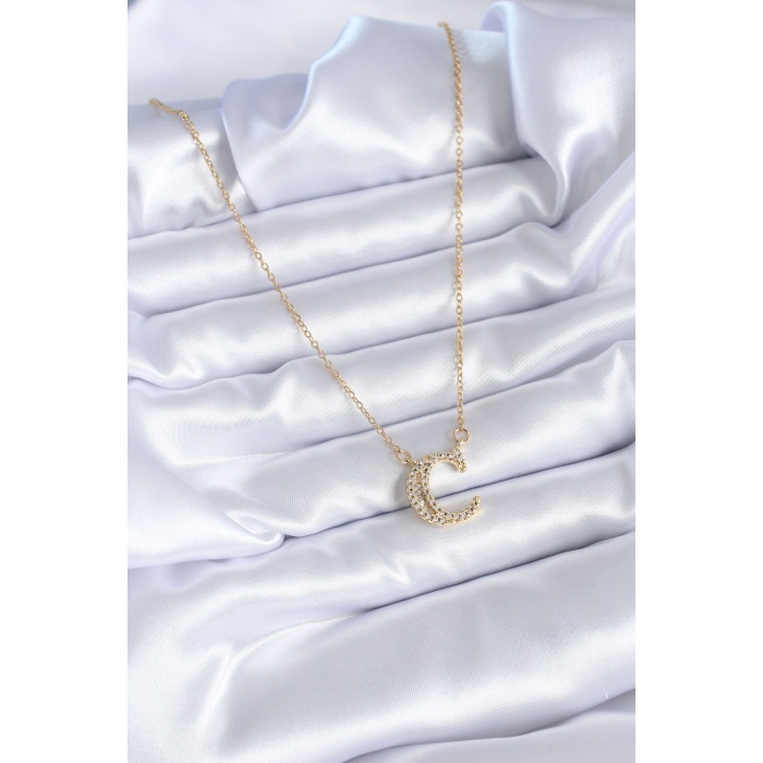 316L Çelik Gold Renk C Harf Model Zirkon Taşlı Kadın Kolye - BJ-BKO7713
