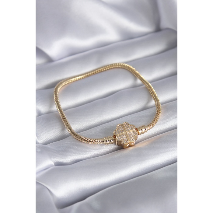 Gold Renk Zirkon Taşlı Yonca Charm Model Pirinç Kadın Bileklik - BJ-BB5521