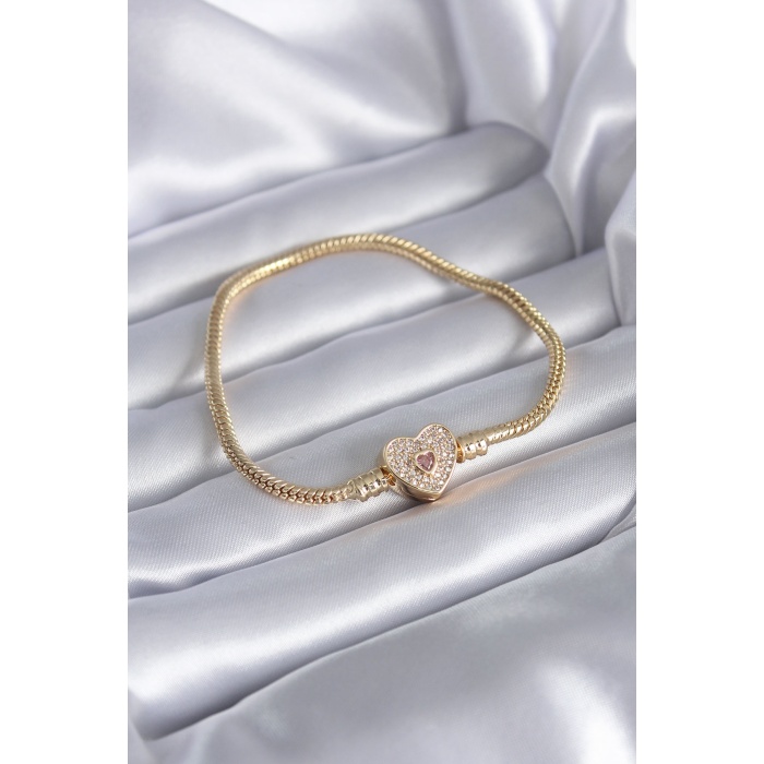 Gold Renk Zirkon Taşlı Kalp Model Pirinç Charm Kadın Bileklik - BJ-BB5527