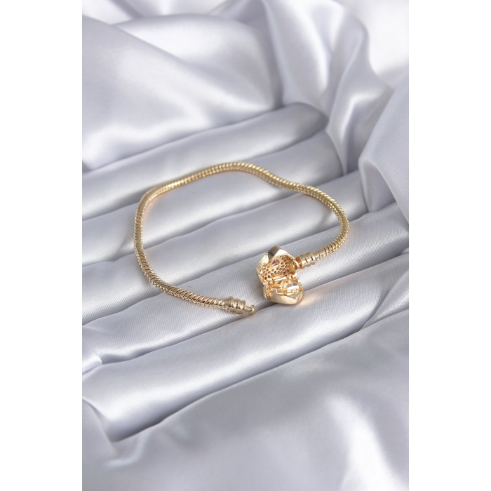 Gold Renk Zirkon Taşlı Kalp Model Pirinç Charm Kadın Bileklik - BJ-BB5527