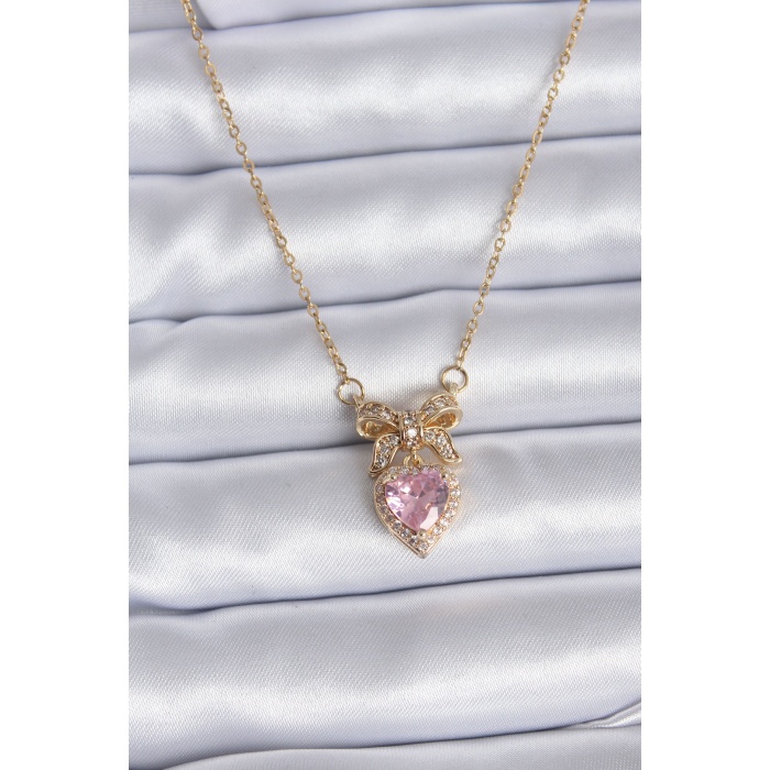 316L Çelik Gold Zincir Pembe Kristal Kalp Model Zirkon Taşlı Kurdele Model Kadın Kolye - BJ-BKO7745