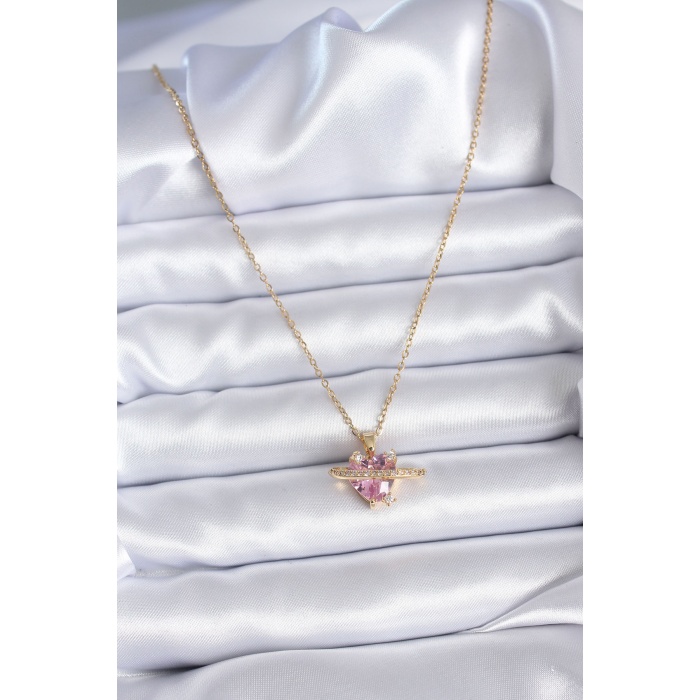 316L Çelik Gold Renk Zincir Pembe Kristal Kalp Model Zirkon Taş Detay Kadın Kolye - BJ-BKO7747