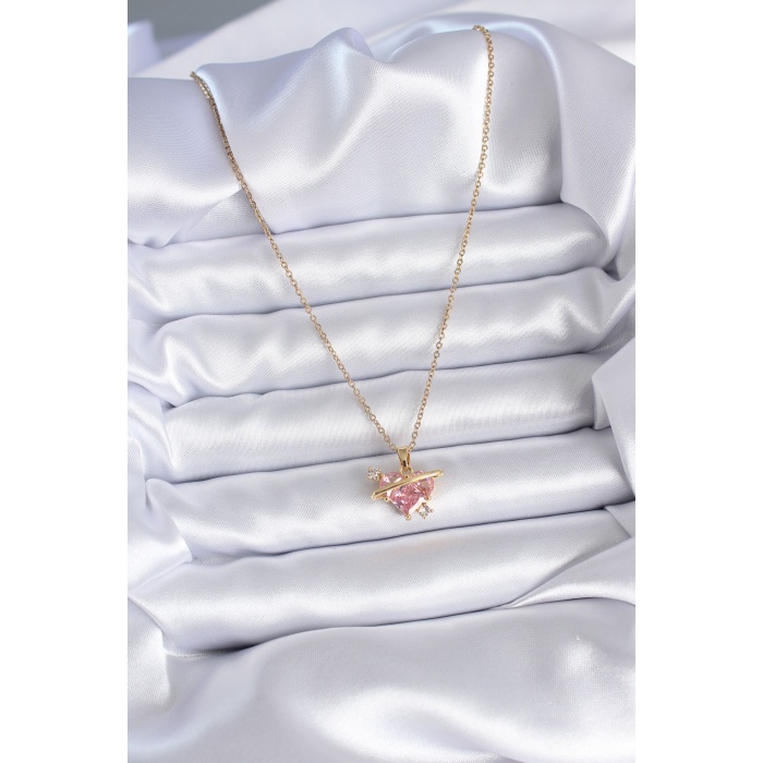 316L Çelik Gold Renk Zincir Pembe Kristal Kalpli Zirkon Taş Detay Kadın Kolye - BJ-BKO7757