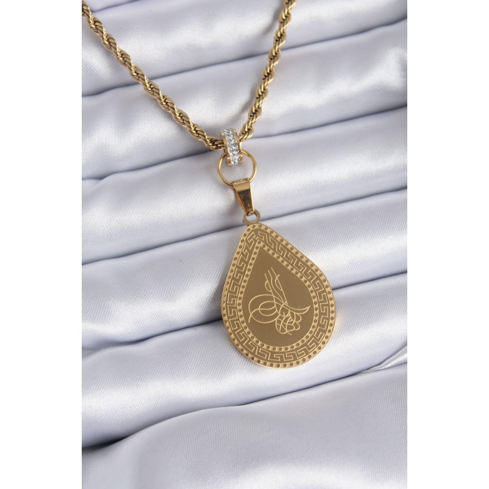 316L Çelik Gold Renk Burgu Zincir Zirkon Taş Detay Damla Model Osmanlı Tuğra İşleme Detay Kadın Kolye - BJ-BKO7762