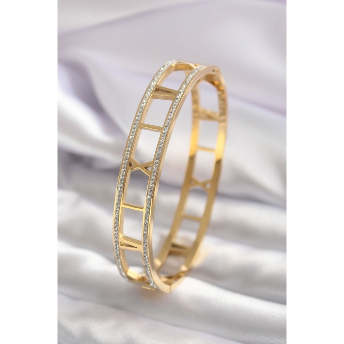 316L Çelik Gold Renk Roma Rakam Model Zirkon Taş Detay Kadın Kelepçe - BJ-BB5553