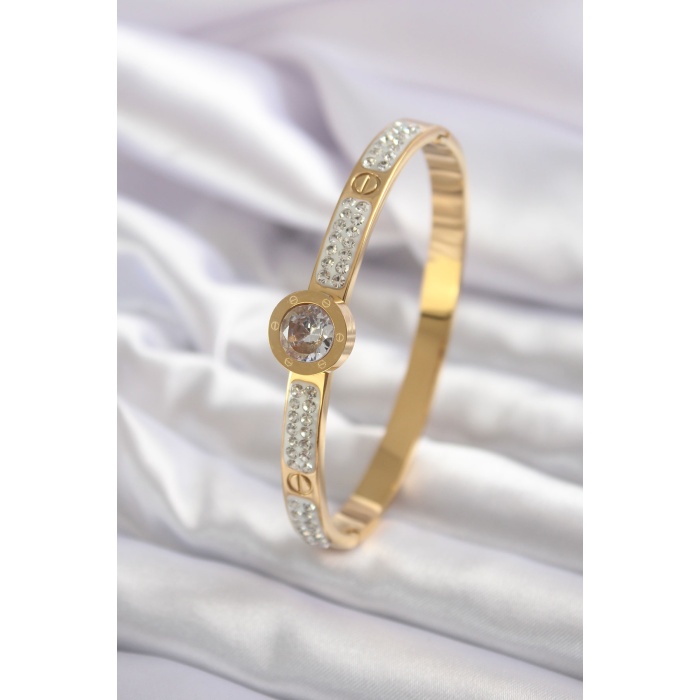 316L Çelik Gold Renk Zirkon Taşlı Cartier Model Kadın Kelepçe - BJ-BB5554