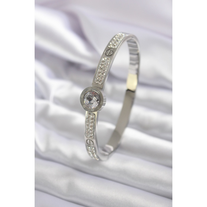 316L Çelik Gümüş Renk Zirkon Taşlı Cartier Model Kadın Kelepçe - BJ-BB5555