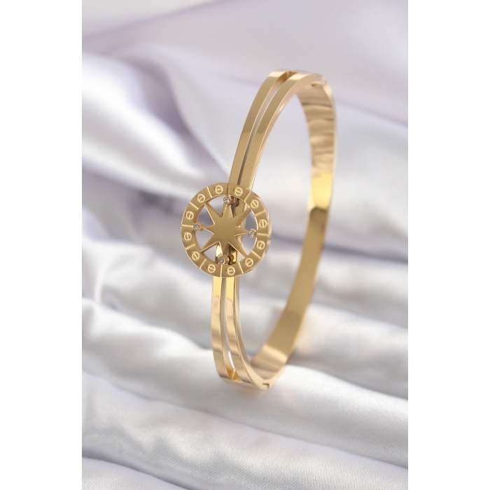 316L Çelik Gold Renk Kutup Yıldızı Model Zirkon Taş Detay Kadın Kelepçe - BJ-BB5556