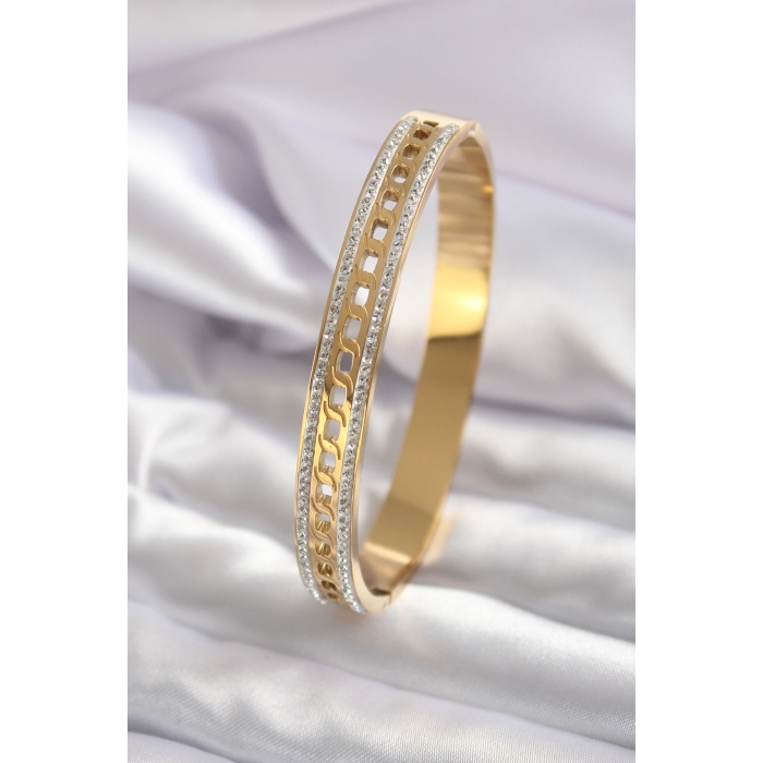 316L Çelik Gold Renk Zirkon Taşlı İşleme Detaylı Kadın Kelepçe - BJ-BB5558