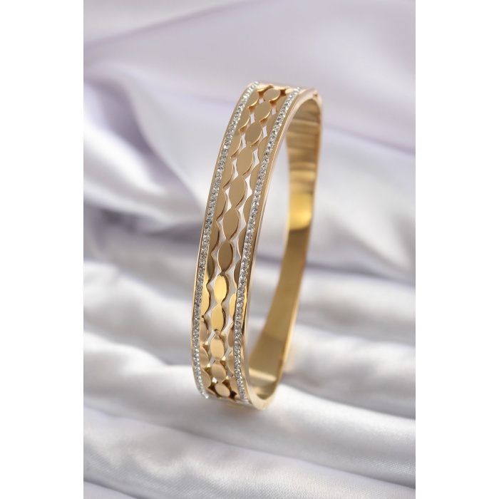 316L Çelik Gold Renk Arpa Model Zirkon Taş Detay Kadın Kelepçe - BJ-BB5560