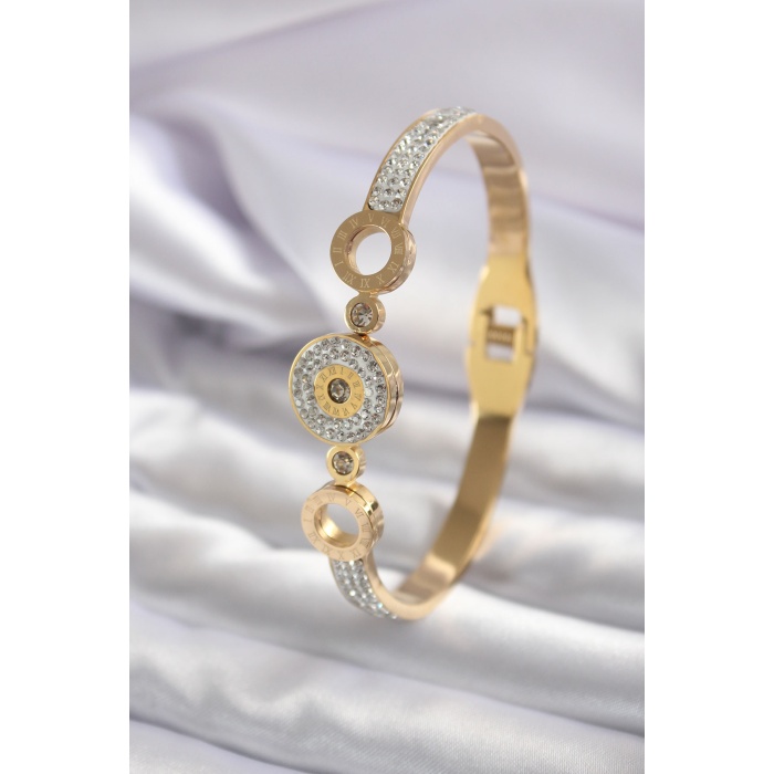 316L Çelik Gold Renk Zirkon Taşlı Roma Rakam İşleme Detay Kadın Kelepçe - BJ-BB5562
