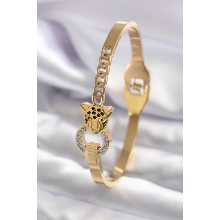 316L Çelik Gold Renk Kedi Model Zirkon Taş Detay Kadın Kelepçe - BJ-BB5574