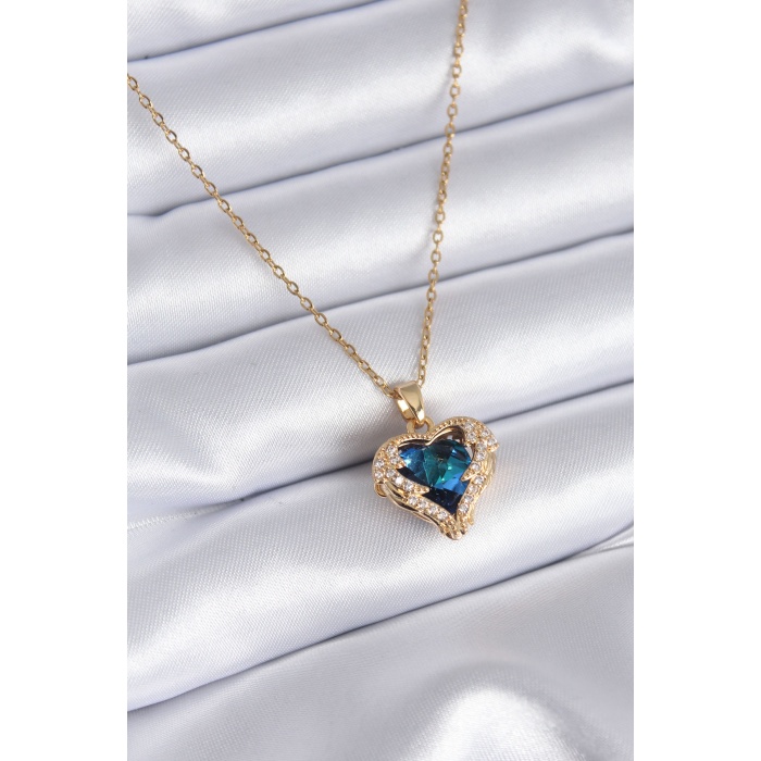 316L Çelik Gold Renk Kristal Taşlı Kalp Model Zirkon Taşlı Kadın Kolye - BJ-BKO7771