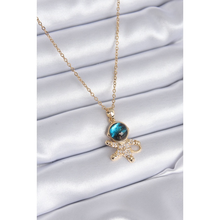 316L Çelik Gold Renk Zirkon Taşlı Astronot Model Kadın Kolye - BJ-BKO7773