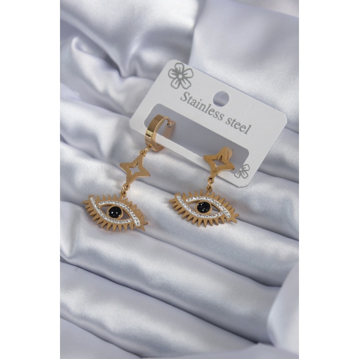 316L Çelik Gold Renk Göz Model Zirkon Taşlı Kadın Küpe - BJ-BKP7967