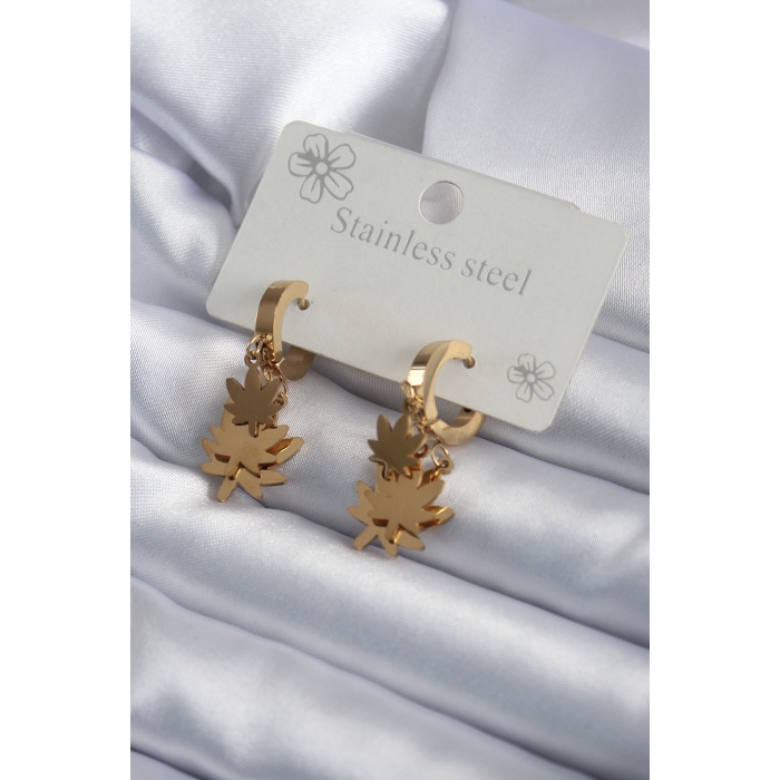 316L Çelik Gold Renk Sallantı Yaprak Model Kadın Küpe - BJ-BKP7977